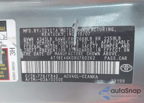 2008 Toyota Camry Le z USA, uszkodzony, nr VIN 4T1BE46K08U760262